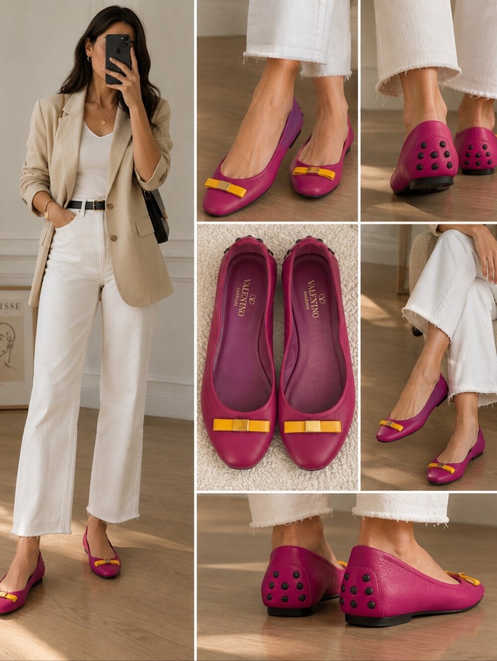 Valentino Garavani Pink Leather Ballet Flats Bow Detail Size 23.5 / 6.5 Unworn